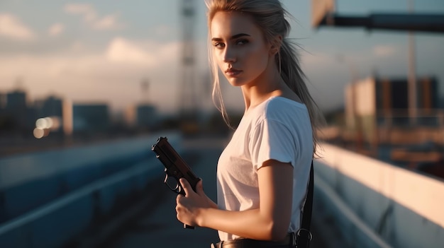 銃を持った少女が夕日の橋の上に立つ