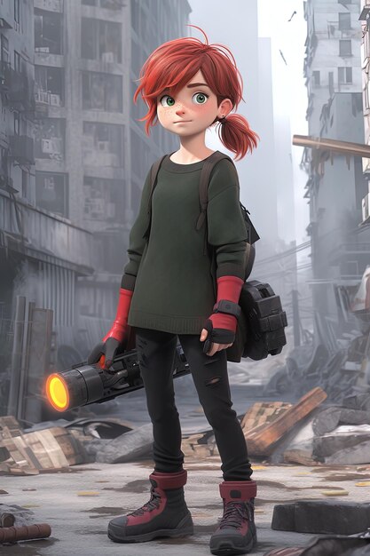 a girl with a gun stands in a pile of rubble