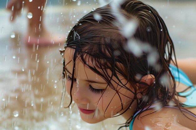 Photo girl with hair wet from splash pad water play