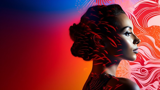 Photo a girl with a hairstyle poses on a colorful background studio portrait in neon light copy space