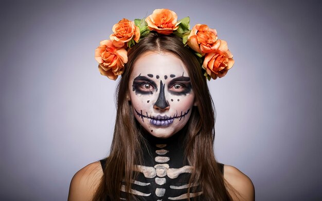 Девушка с изображением лица на Хэллоуин на белом фоне