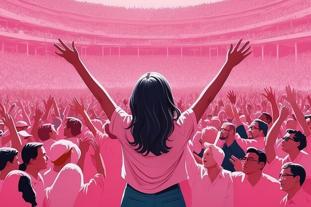 Photo the girl with hands raised in the air in front of a pink crowd in the style of political illustration generative ai