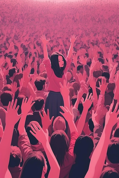 Photo the girl with hands raised in the air in front of a pink crowd in the style of political illustration generative ai