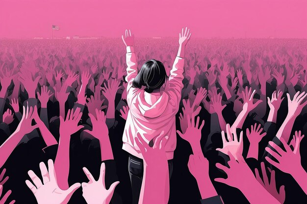 Photo the girl with hands raised in the air in front of a pink crowd in the style of political illustration generative ai