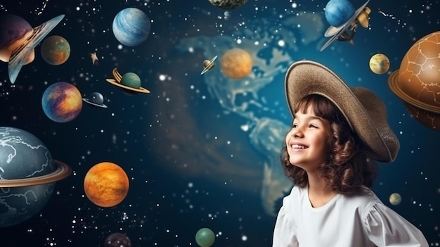 Photo a girl with a hat and the planets in the space