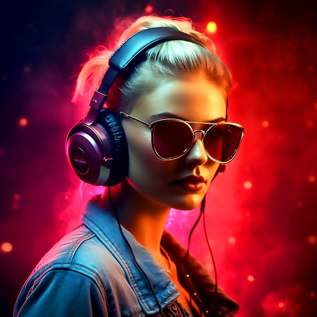 A girl with head phone and sunglass in red glowing background