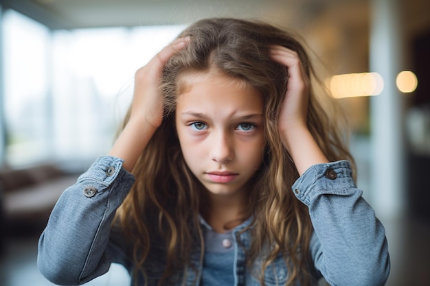 Foto una ragazza con mal di testa, febbre alta, stressata, che tiene la testa nel dolore.