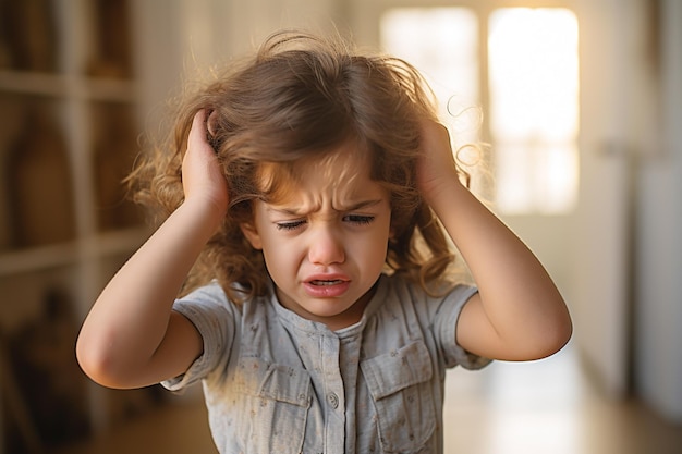 Photo a girl with headache high fever stressed holding her head with pain