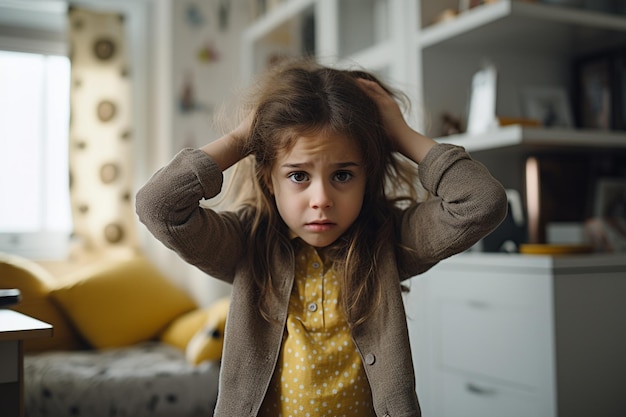 Photo a girl with headache high fever stressed holding her head with pain