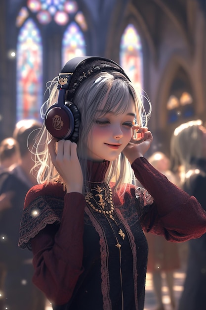 A girl with a headphone in her hand