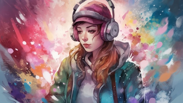 A girl with a headphone in her hands