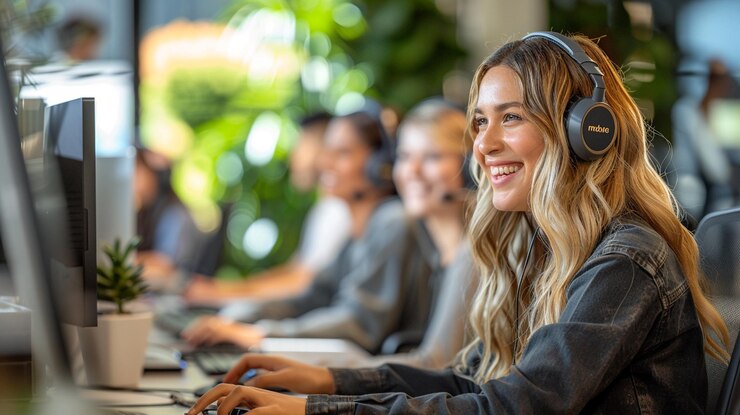 A girl with headphone and working on computer computer screen