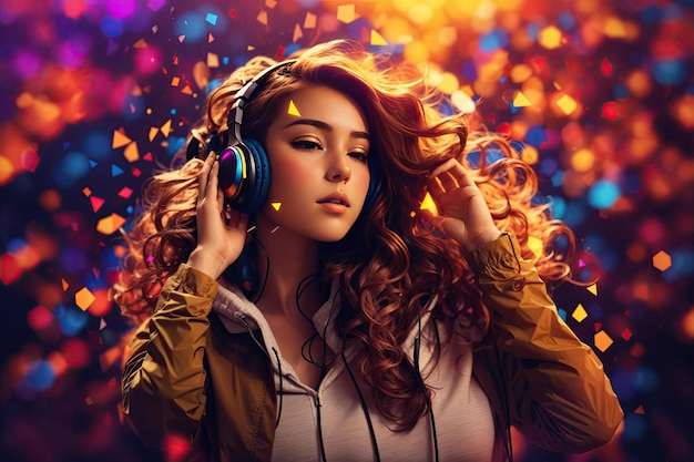 Girl with headphones against wavy colorful background ai generative