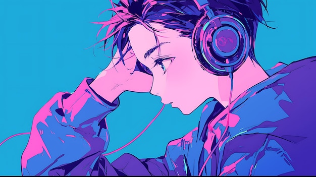 a girl with headphones on and a blue background