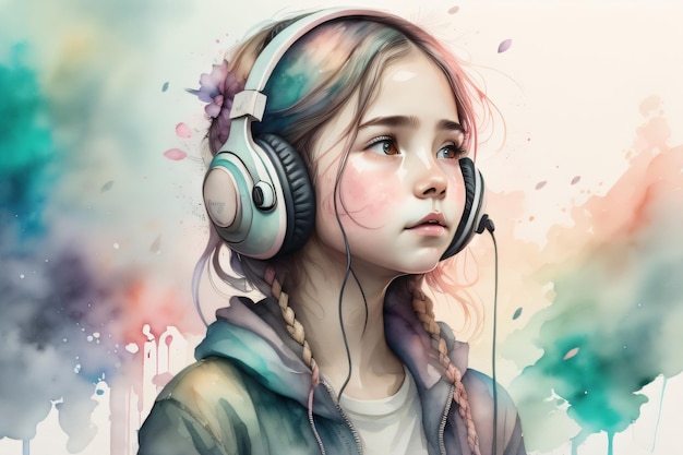 A girl with headphones on and a colorful background