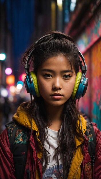 a girl with headphones on and a colorful background