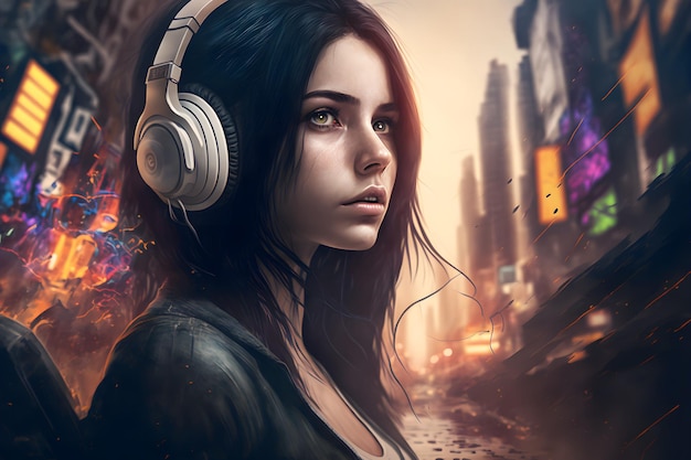 A girl with headphones on in front of a cityscape