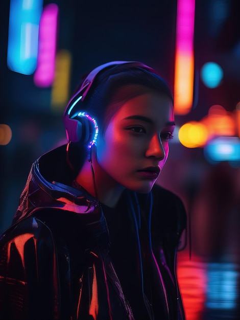 a girl with headphones in front of a colorful lights.