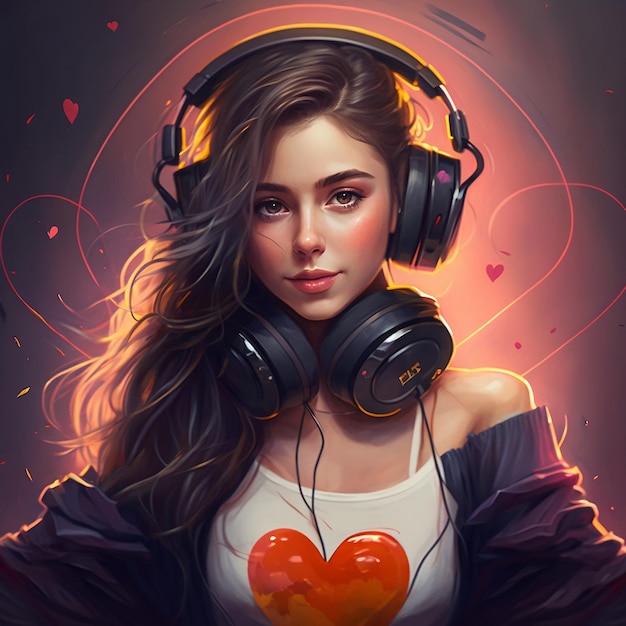 A girl with headphones and a heart on her chest