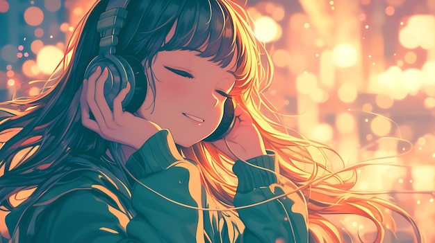 a girl with headphones on her head