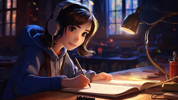 a girl with headphones is sitting at a desk with a lamp on it.