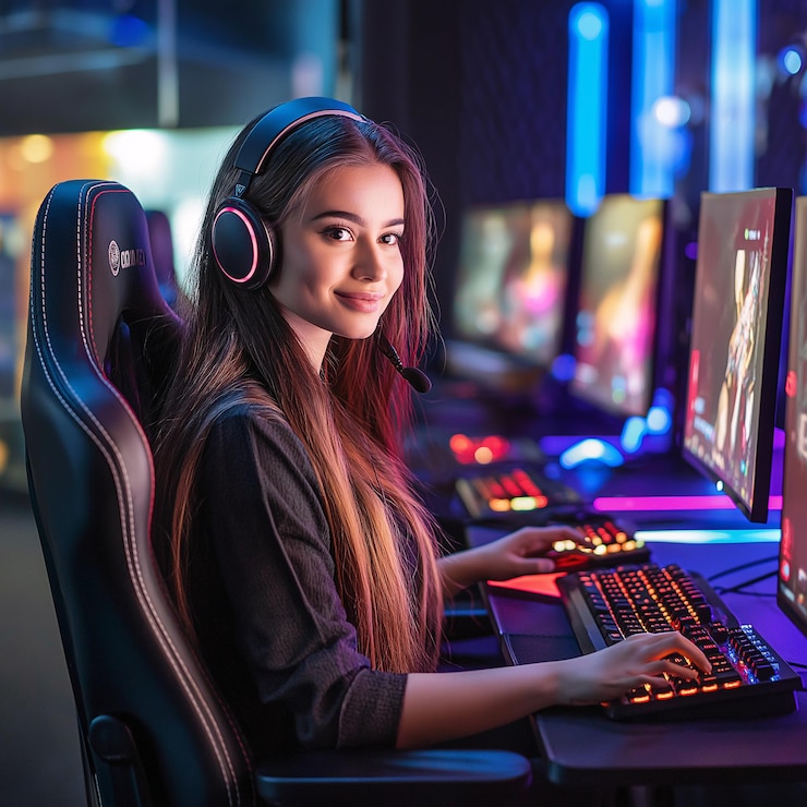 Photo a girl with headphones on and a keyboard with the word quot on it