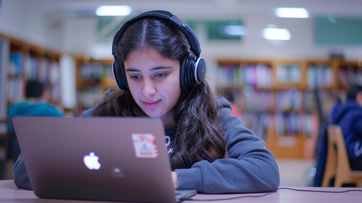 फोटो a girl with headphones on and a laptop on her lap