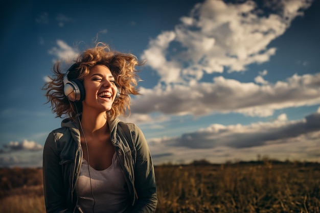 Girl with headphones laughing in a field at sunset Generative AI image