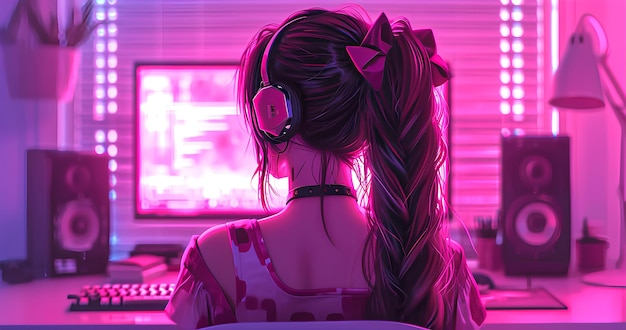 A girl with headphones on looking at a computer screen with a pink background and a pink light behin