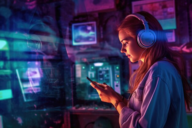 Photo a girl with headphones on and a microphone in front of a radio station.