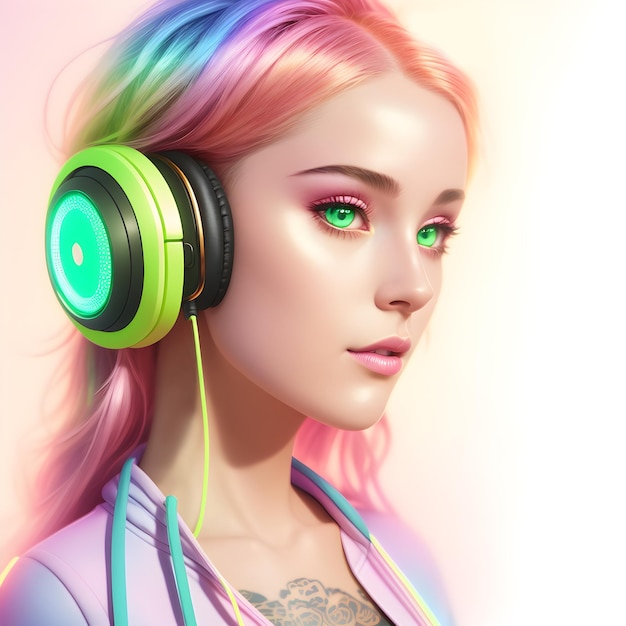 ヘッドフォンを持つ少女の音楽テーマのイラスト AI が生成