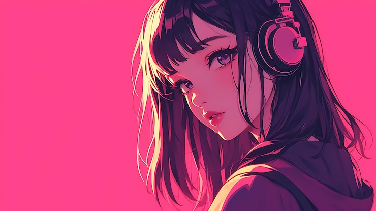 Photo a girl with headphones on and a pink background