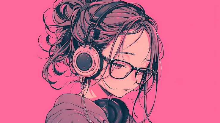 Photo a girl with headphones on and a pink background