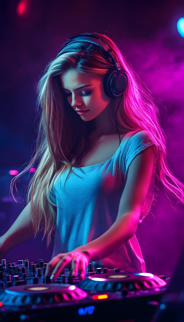 Photo a girl with headphones on and a pink shirt that says  she is wearing a blue shirt