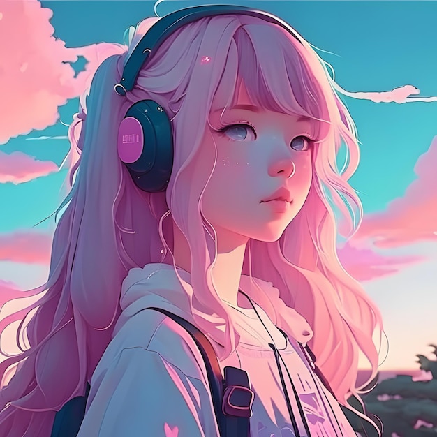a girl with headphones on and a pink sky in the background