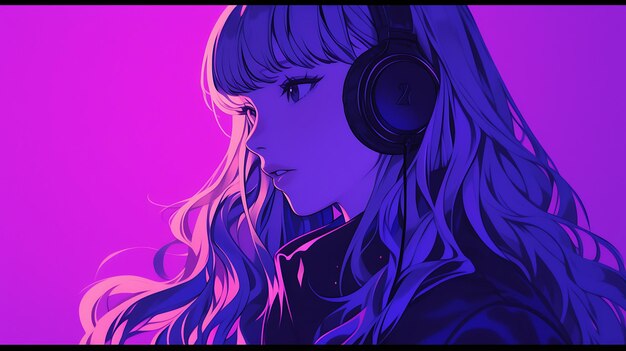 Photo a girl with headphones on and a purple background