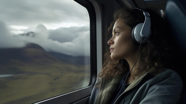 写真 列車で旅行するヘッドフォンをかけた少女