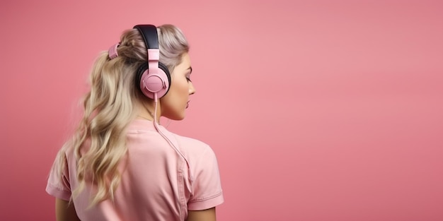 Girl with headphones view from the back on a pink background Generative Ai