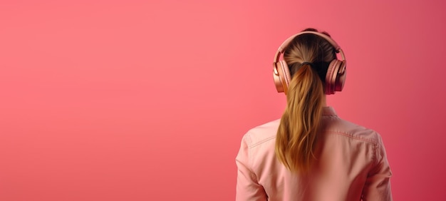 Girl with headphones view from the back on a pink background Generative Ai