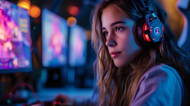 A girl with headphones watching video game