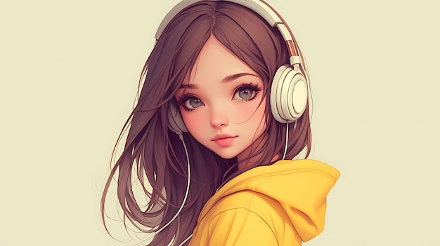 a girl with headphones on and a yellow hoodie