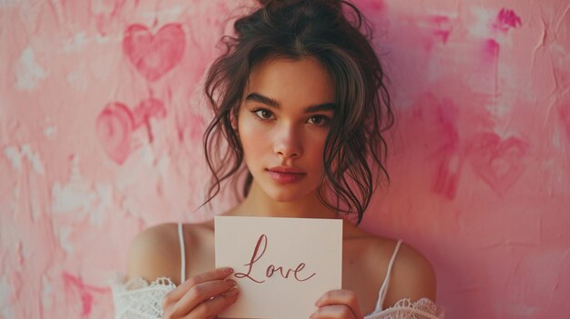 Photo girl with heart shaped pink paper