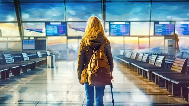 A girl with her back to the travel airport Generative AI