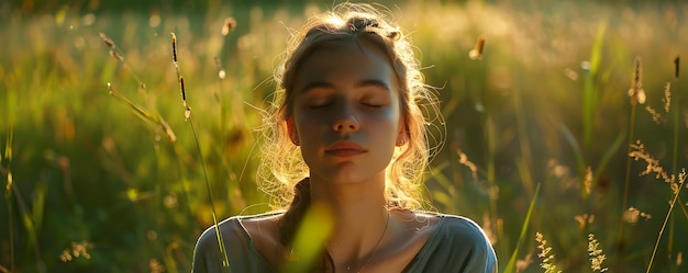 Photo a girl with her eyes closed in a field of grass