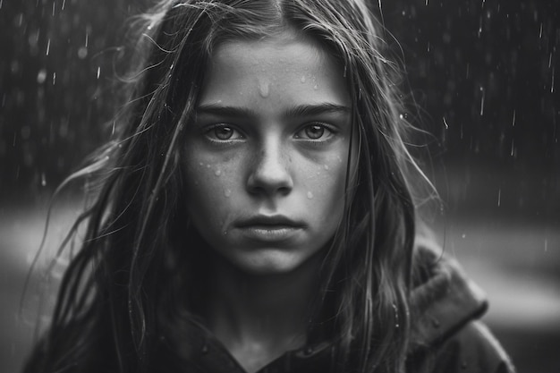 Photo a girl with a hood on and a black and white photo of a girl with a raincoat on.