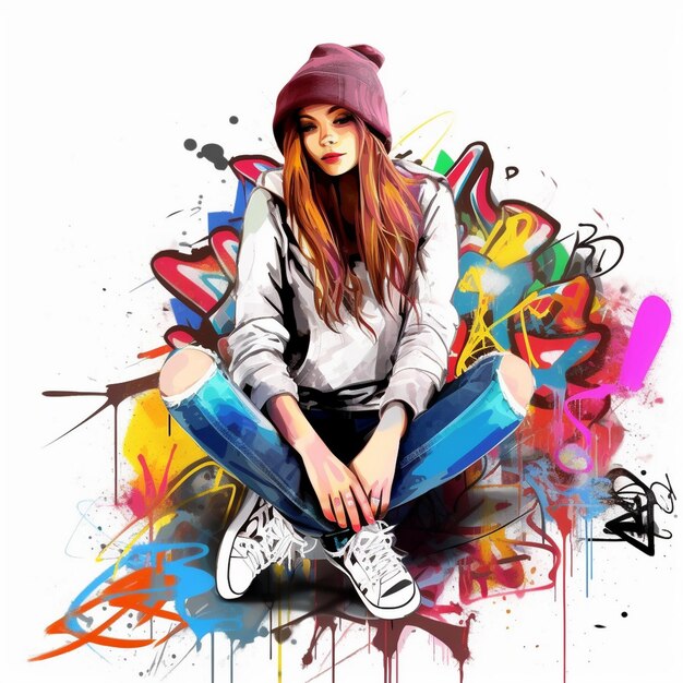 a girl with a hoodie on her head sits in a colorful art style.