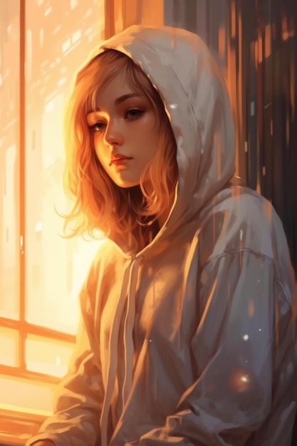 a girl with a hoodie on and a window in the background.