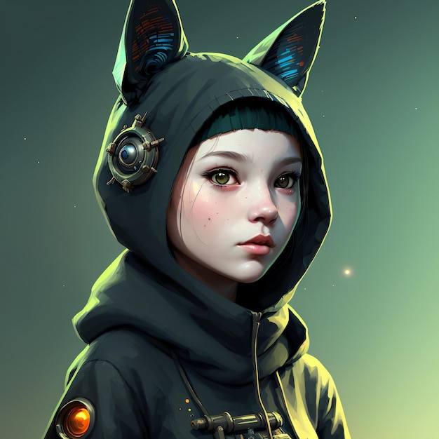 A girl with a hoodie with cat on it