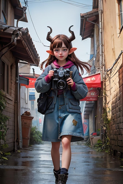 a girl with horns holds a camera in front of a store.