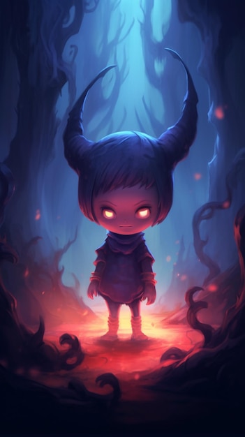 A girl with horns stands in a dark forest with a dark background and a dark background.